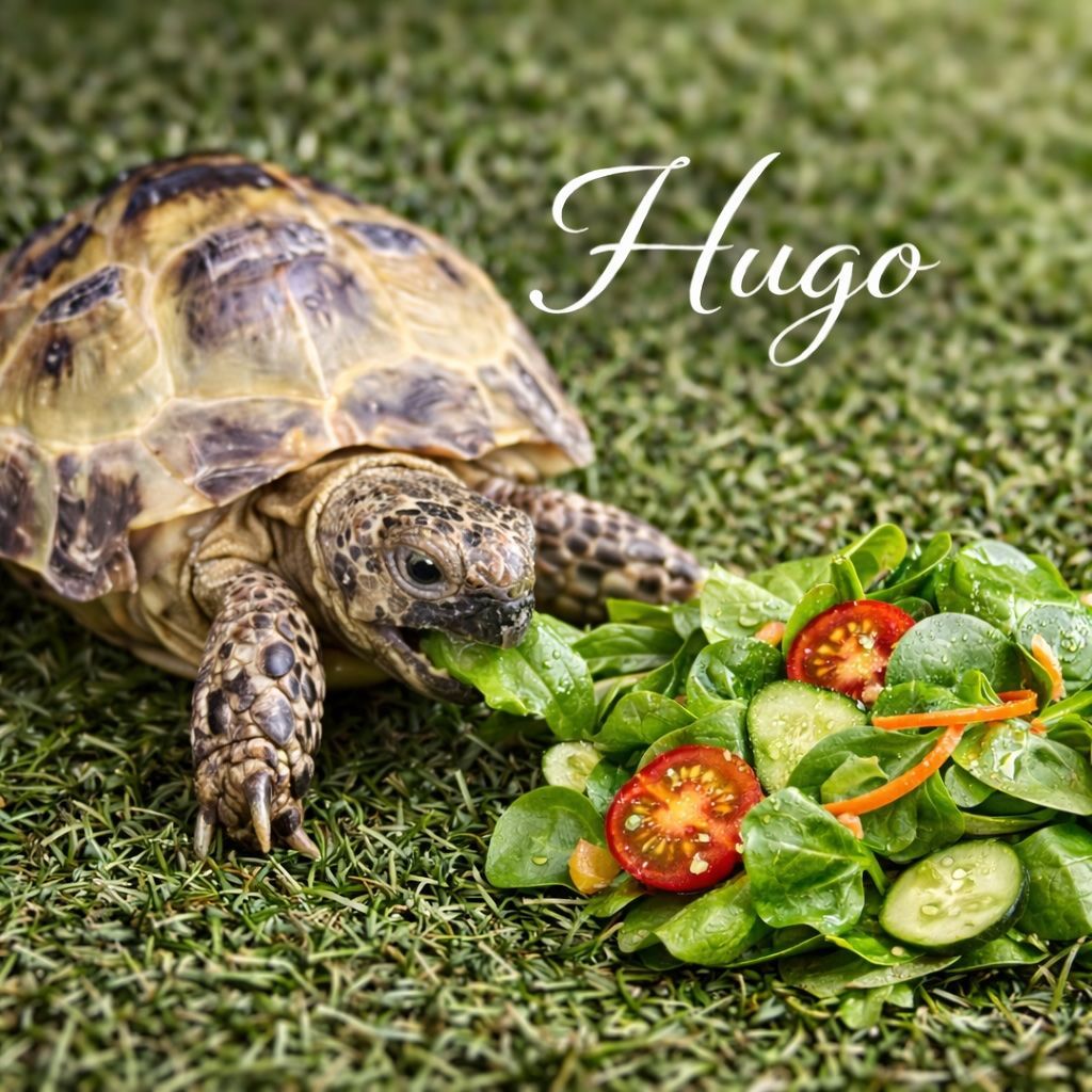 Tortoise named Hugo beside a green salad on grass