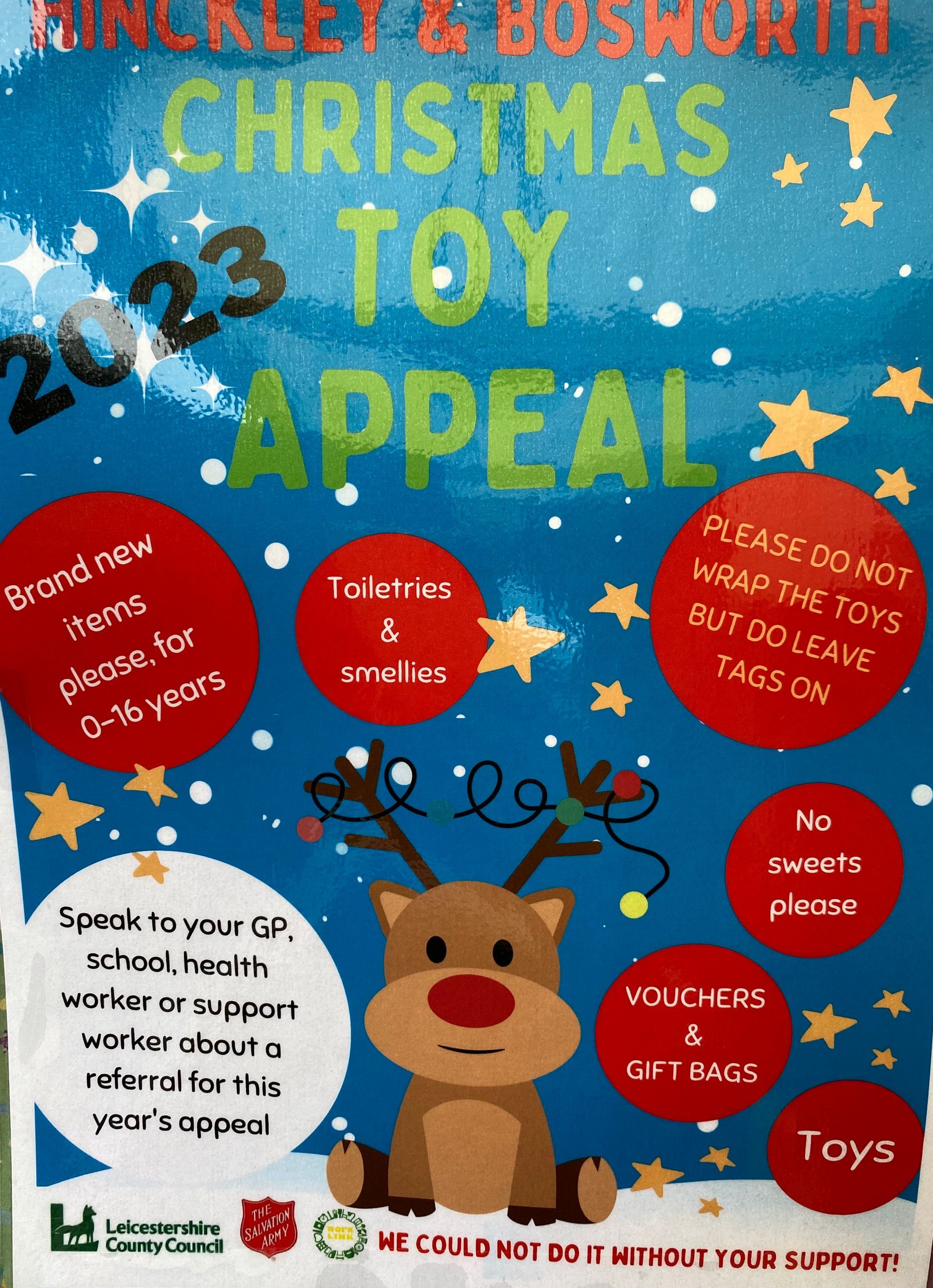 Colorful Christmas toy appeal poster with a reindeer, stars, and donation boxes for toys and children’s gifts