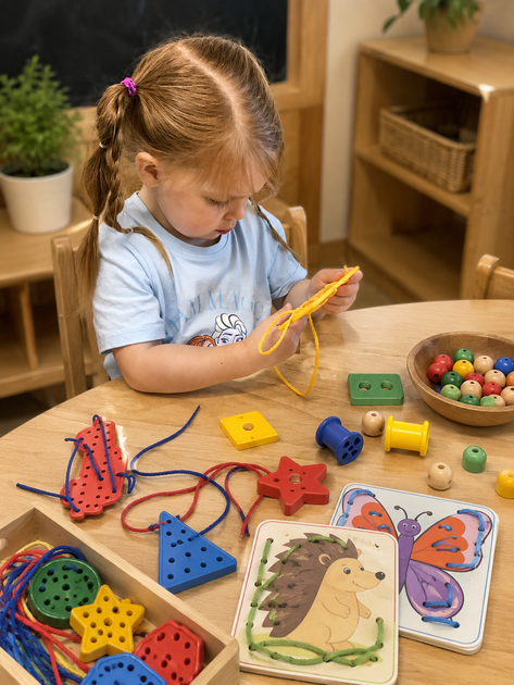 Child playing with colorful lacing toys at a table in a classroom or playroom