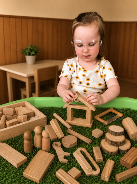 Child playing with wooden blocks at a table, arranging shapes in a classroom-like play area