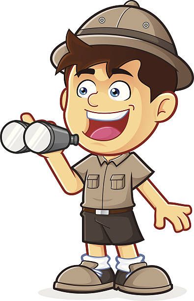 Cartoon explorer in khaki outfit holding binoculars and smiling.