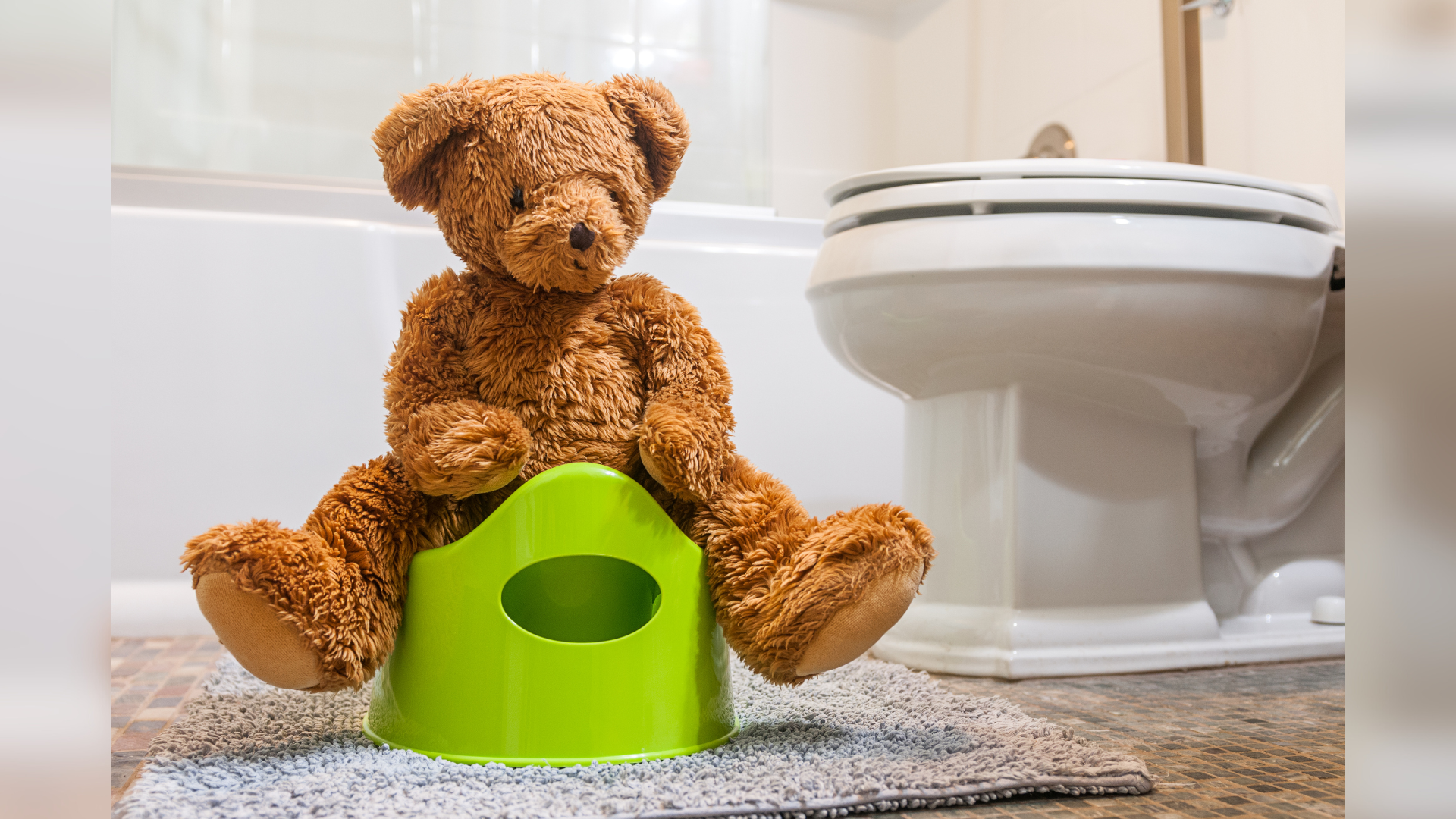 Brown teddy bear sitting on a lime green potty in a bathroom next to a toilet