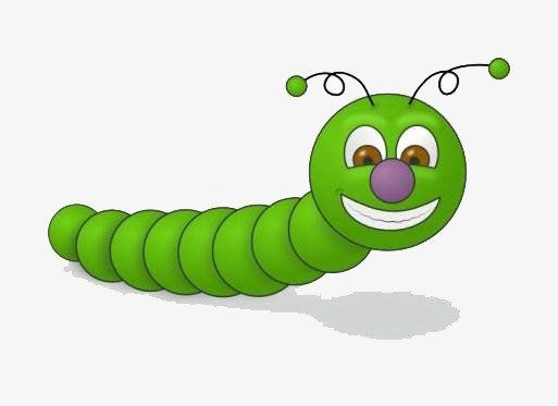 Green cartoon caterpillar with antennae, smiling on a white background