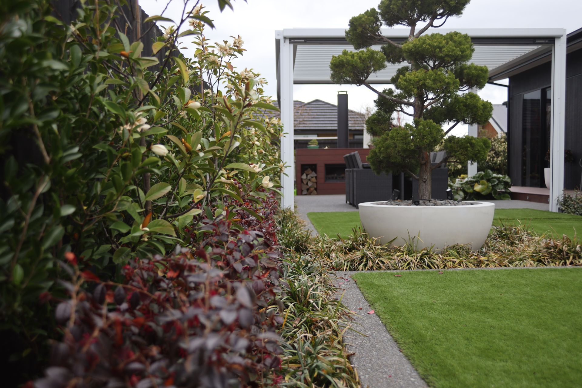 There is a bonsai tree in the middle of the garden.