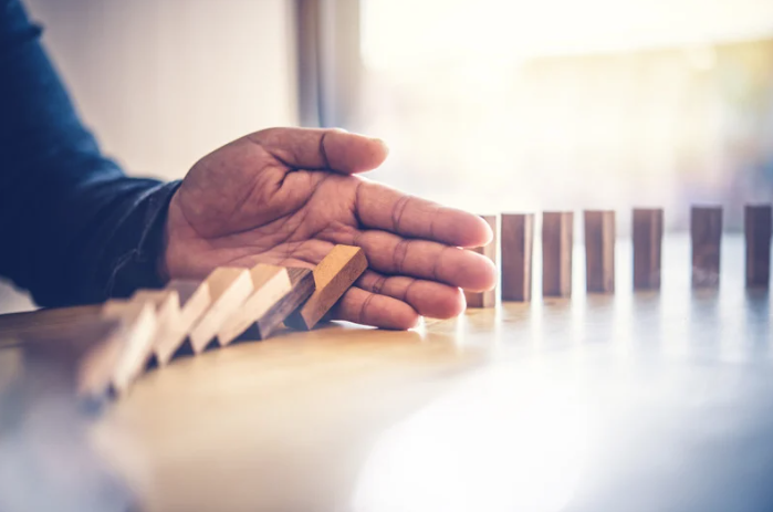 A person is holding a row of dominoes in their hand.