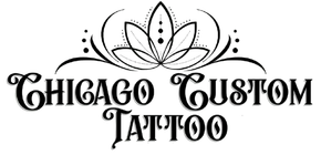 Logo for Chicago Custom Tattoo: Buddha head within lotus, with curved text "Chicago Custom Tattoo" in stylized font.