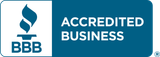 BBB Accredited Business logo in blue and white with torch icon and text