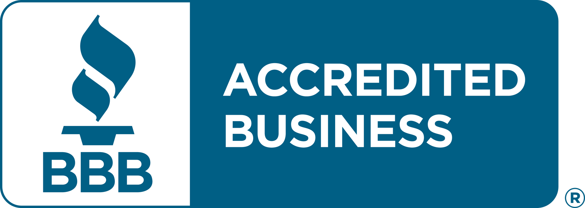 BBB Accredited Business logo in blue and white with torch icon and text