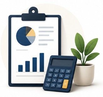 3D illustration of a clipboard displaying a pie chart and bar graph, paired with a green potted plant and a calculator.