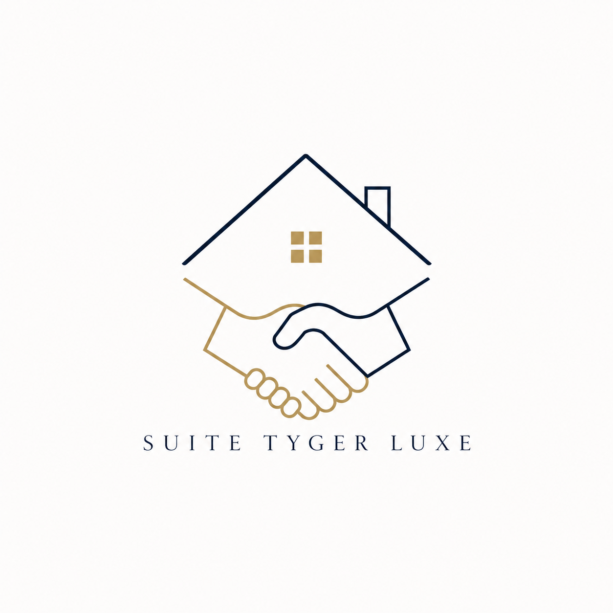 A minimalist black and gold line art icon combining a house outline with two hands shaking at the base.