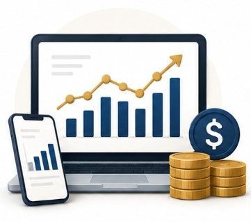 3D illustration of a laptop showing an upward-trending line graph, a smartphone, and a dollar sign icon.