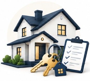 3D stylized illustration of a modern white house with a dark roof next to a clipboard checklist.