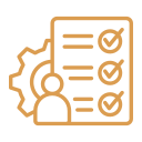 A simple minimalist line icon displaying a checked document next to mechanical gears in light orange.