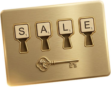 SALE spelled in letter tiles on a yellow background