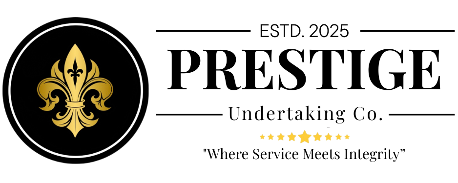 Logo for Prestige Undertaking Co. featuring a gold fleur-de-lis on a black circle, with text 