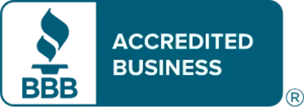A blue sign that says accredited business on it