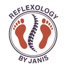 Logo for "Reflexology by Janis" featuring two red footprints and a central dark purple spinal column inside a circle.