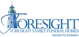 Logo of Foresight Family Funeral Homes, featuring a lighthouse with blue lettering, 