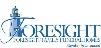 Logo of Foresight Family Funeral Homes, featuring a lighthouse with blue lettering, 