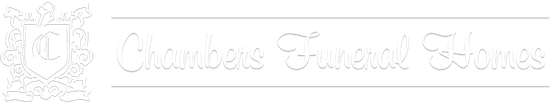 Logo for Chambers Funeral Homes, a white emblem and script with "Chambers Funeral Homes."