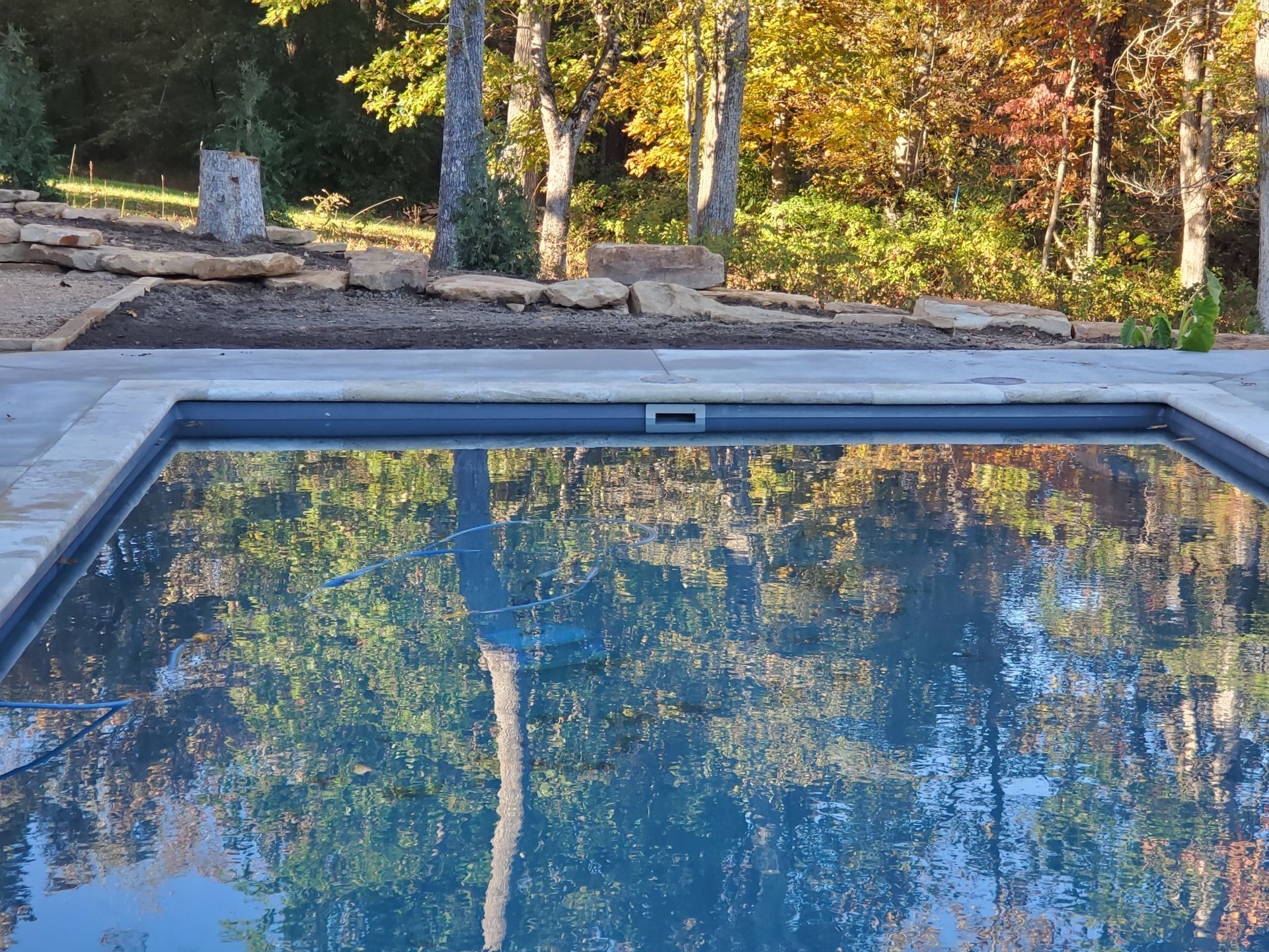 A swimming pool with trees reflected in the water