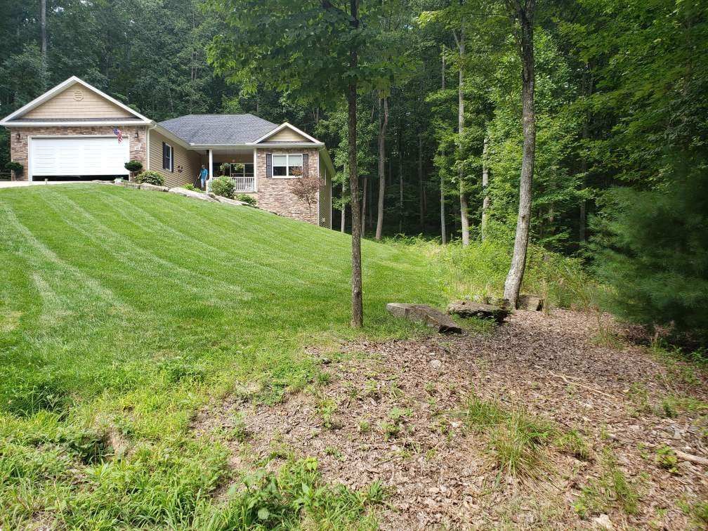 A house is sitting on top of a lush green hill surrounded by trees.