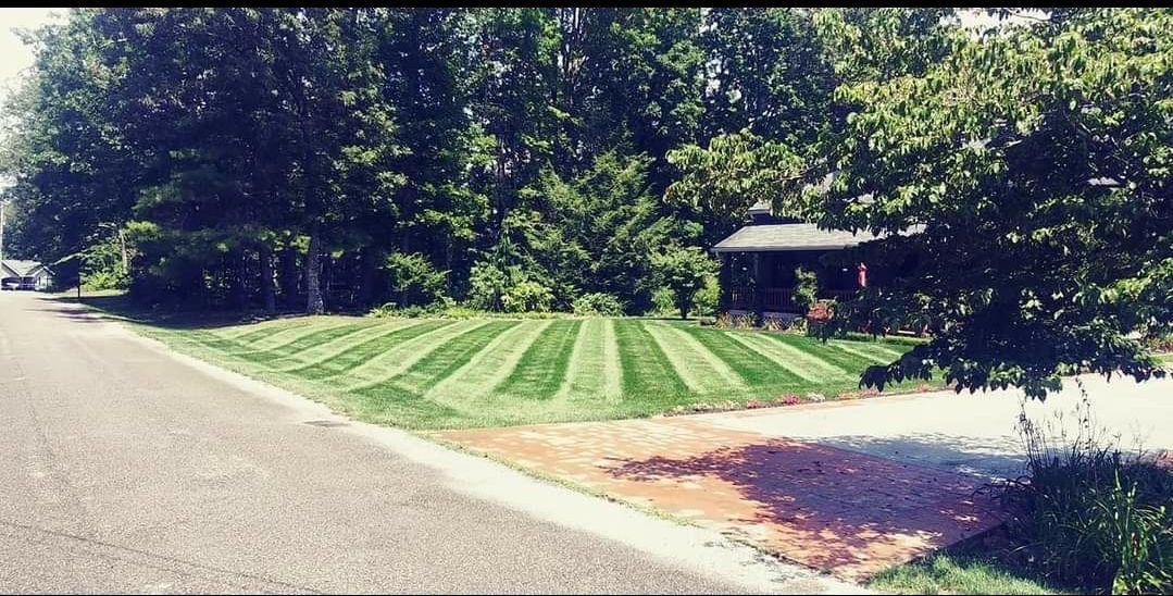 A lush green lawn is sitting on the side of a road next to a house.