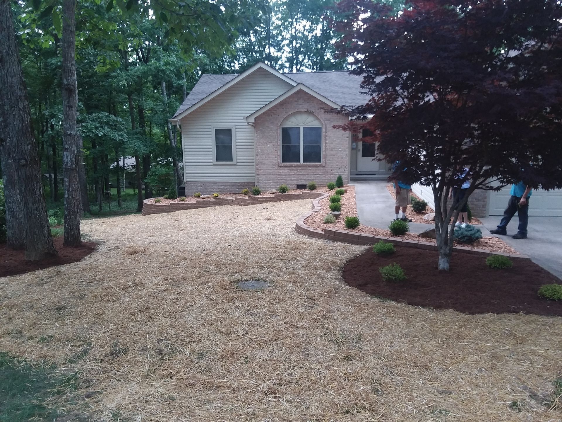 A house with a lot of mulch in front of it