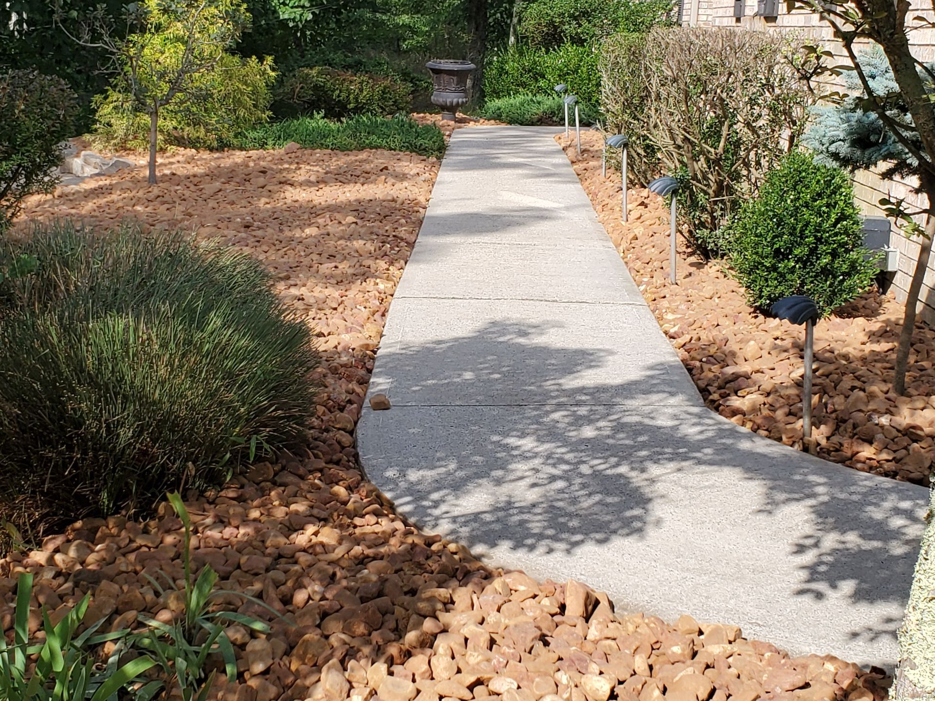 A concrete walkway in a garden surrounded by rocks and trees.