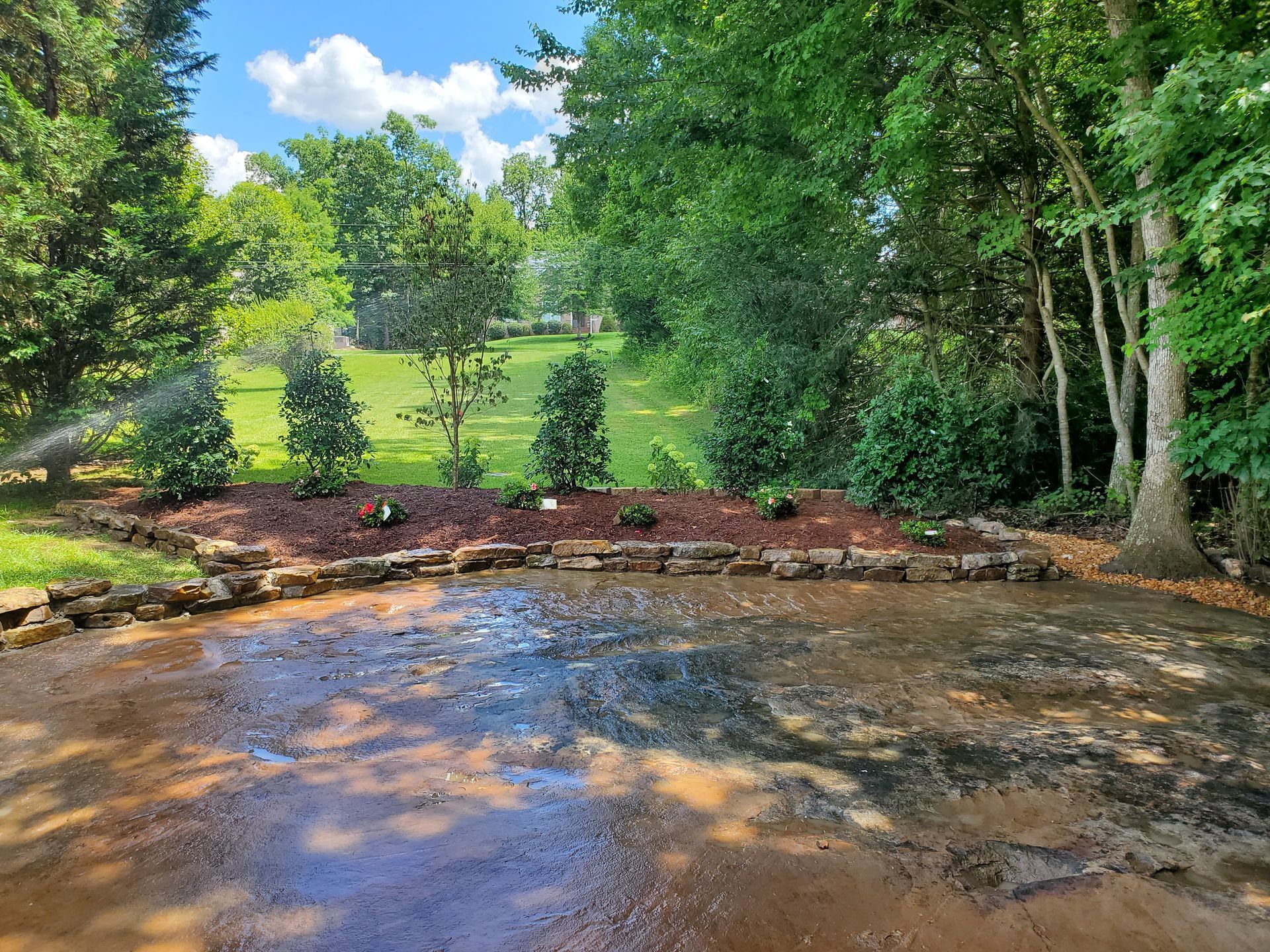 A large puddle of water in the middle of a yard surrounded by trees.
