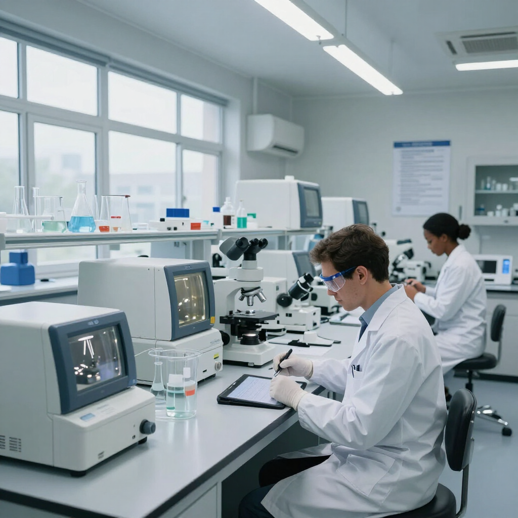 Scientists working at laboratory microscopes and monitors in a bright research lab