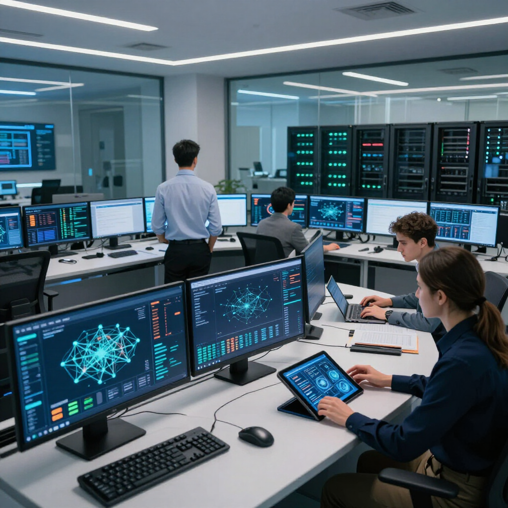 Technicians monitoring network operations on multiple screens in a modern control room