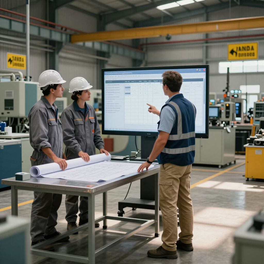 Three workers in a factory review plans at a table while one points at a large monitor.