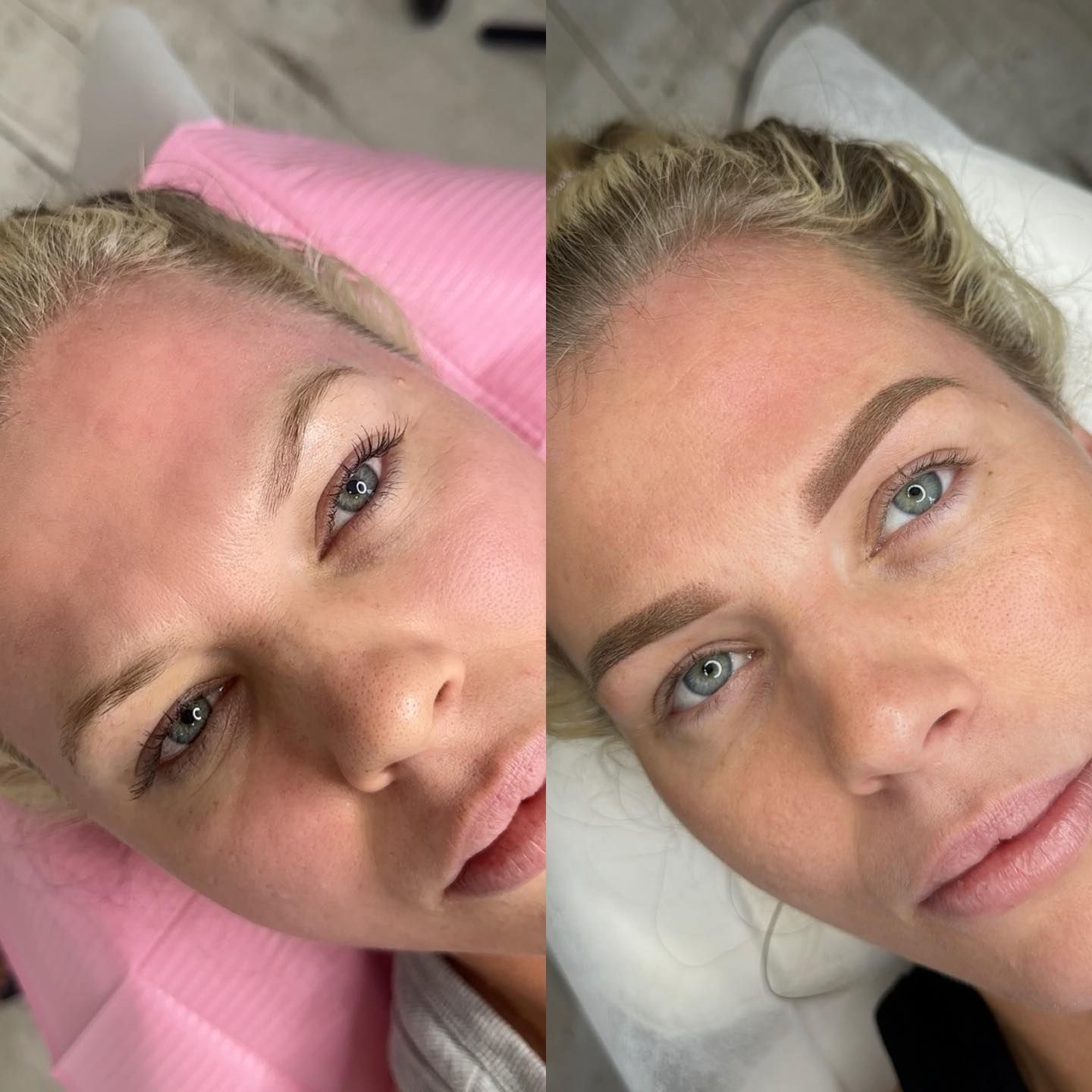 Before-and-after of a person's eyebrows. Left side shows sparse brows. Right side shows filled-in, defined brows.