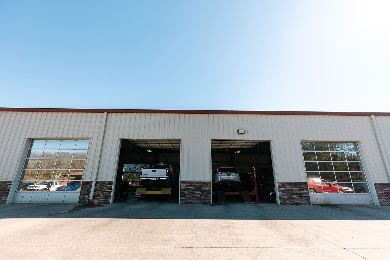 Bays at the front of the auto shop