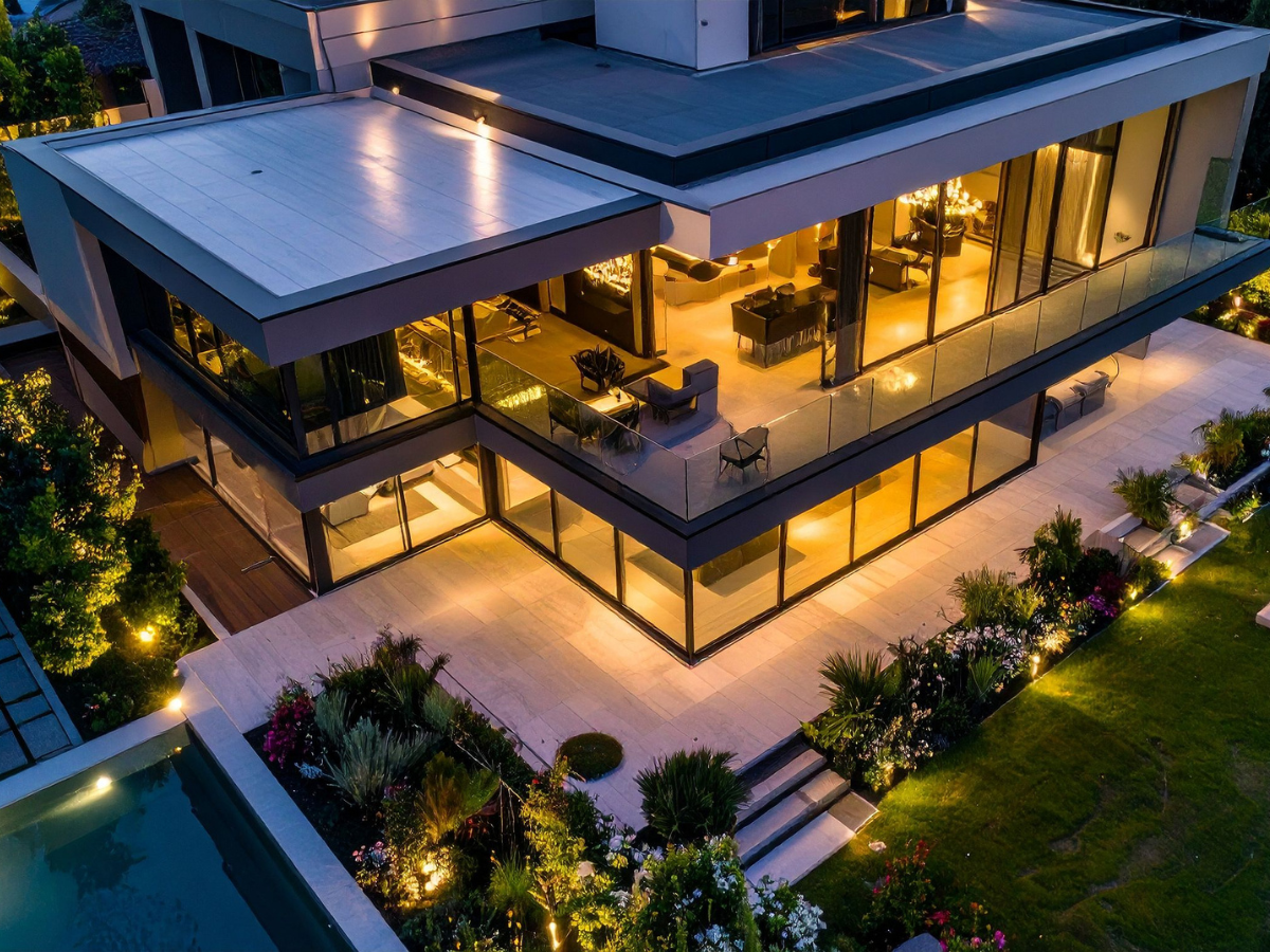 Modern two-story house with glass walls, outdoor seating, and a pool at dusk, illuminated with warm lighting.