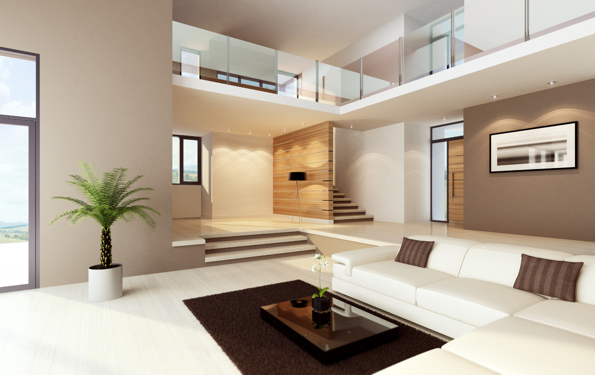 Modern, multi-level living room with white sofa, brown rug, and indoor plant. Natural light and neutral colors.