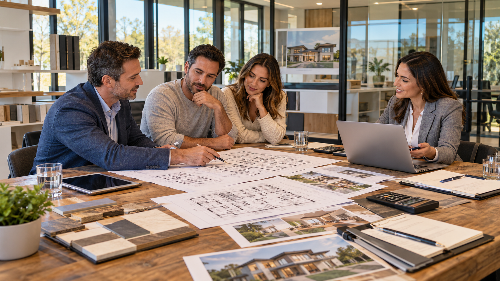 Four people review architectural plans around a wooden table in a bright modern office.