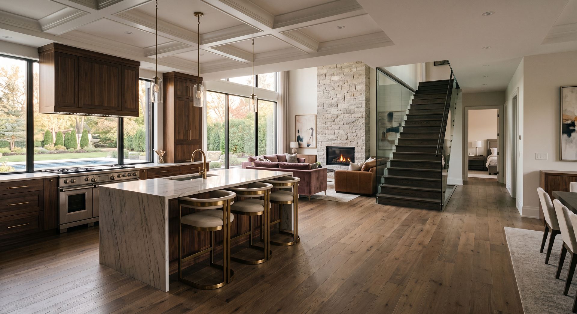 Modern open-plan loft kitchen and lounge with wooden floors, island seating, large windows, and staircase