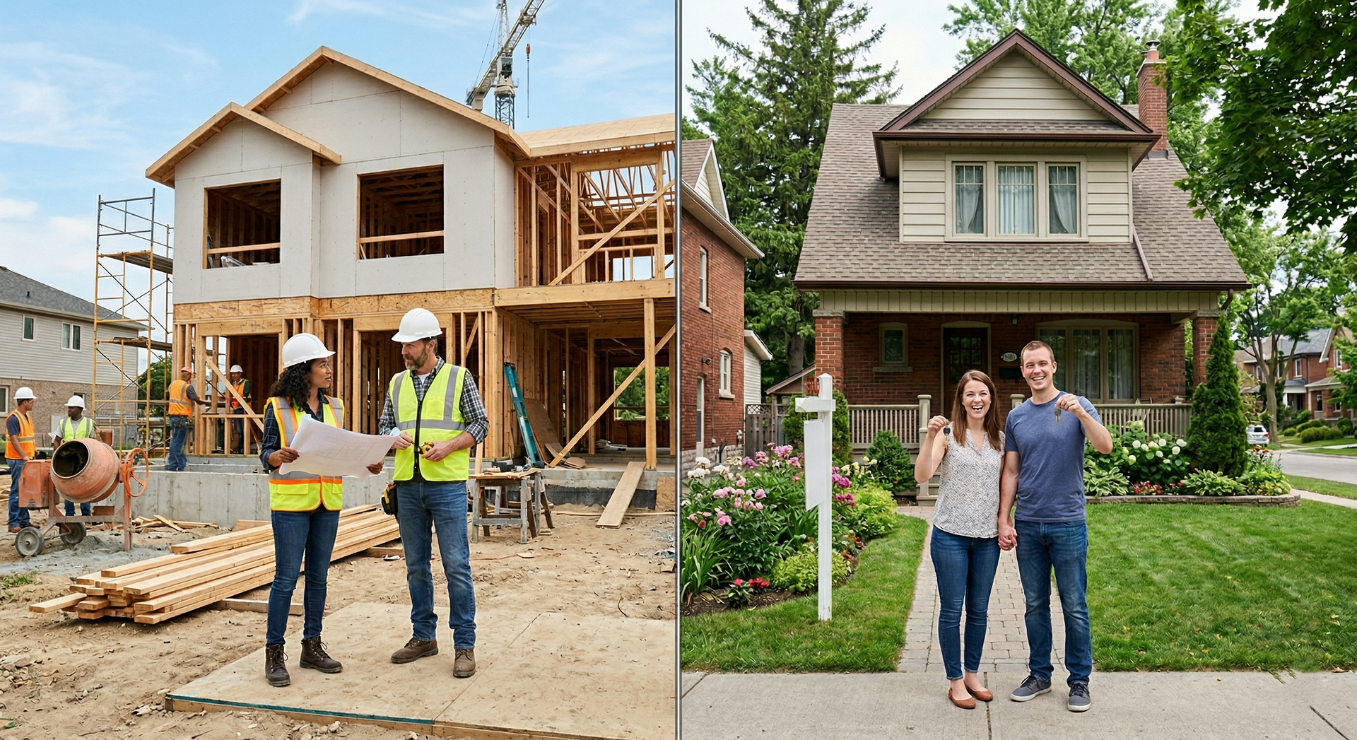 Split screen: construction workers at a wood-framed house site, and a couple smiling in front of a finished brick home.
