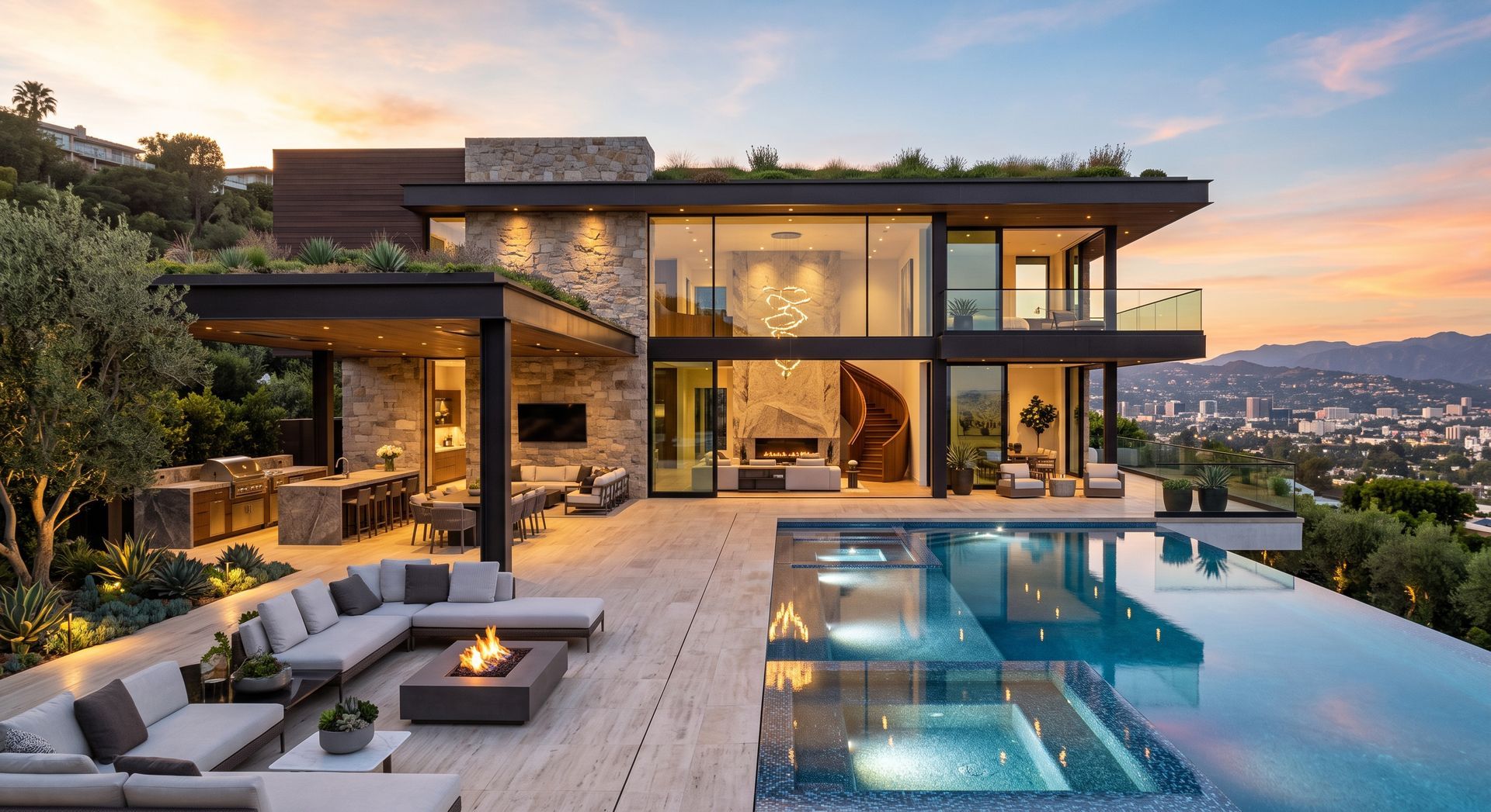 Modern luxury home at sunset with a lit patio and infinity pool overlooking a city skyline