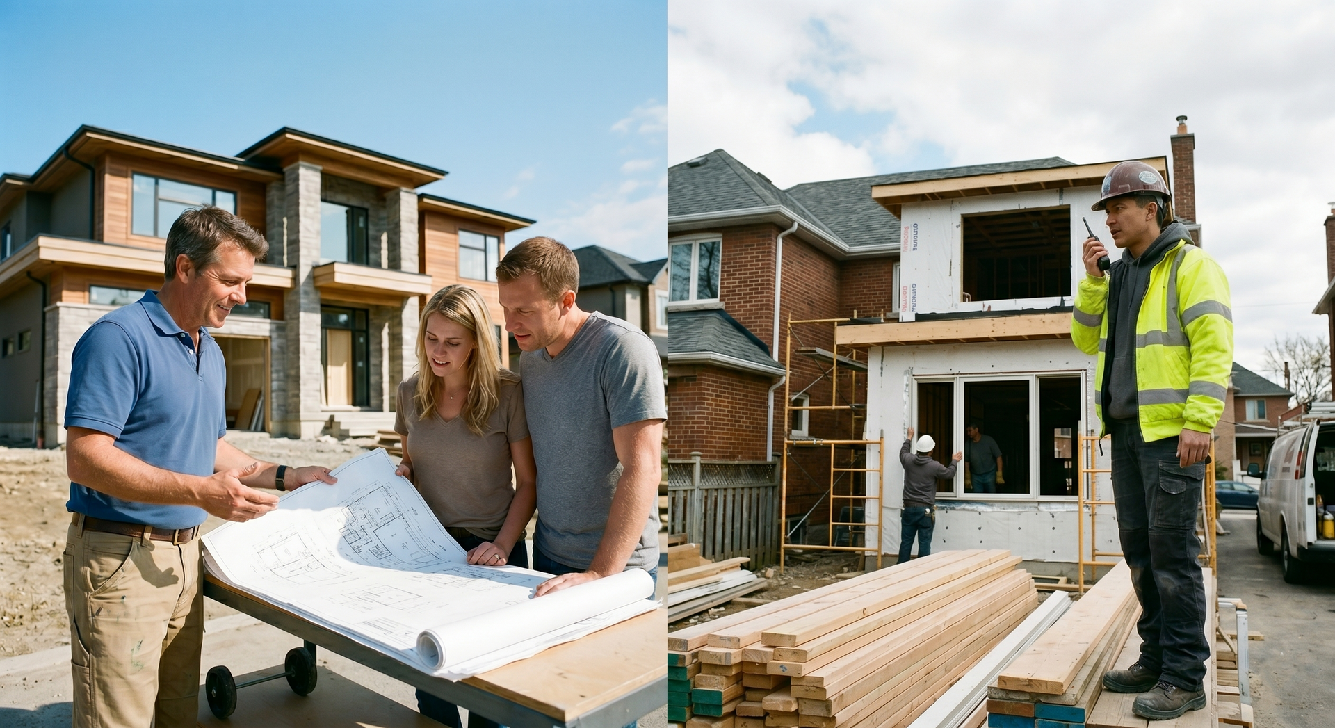 People reviewing house blueprints at a construction site, with a worker in a safety vest nearby.