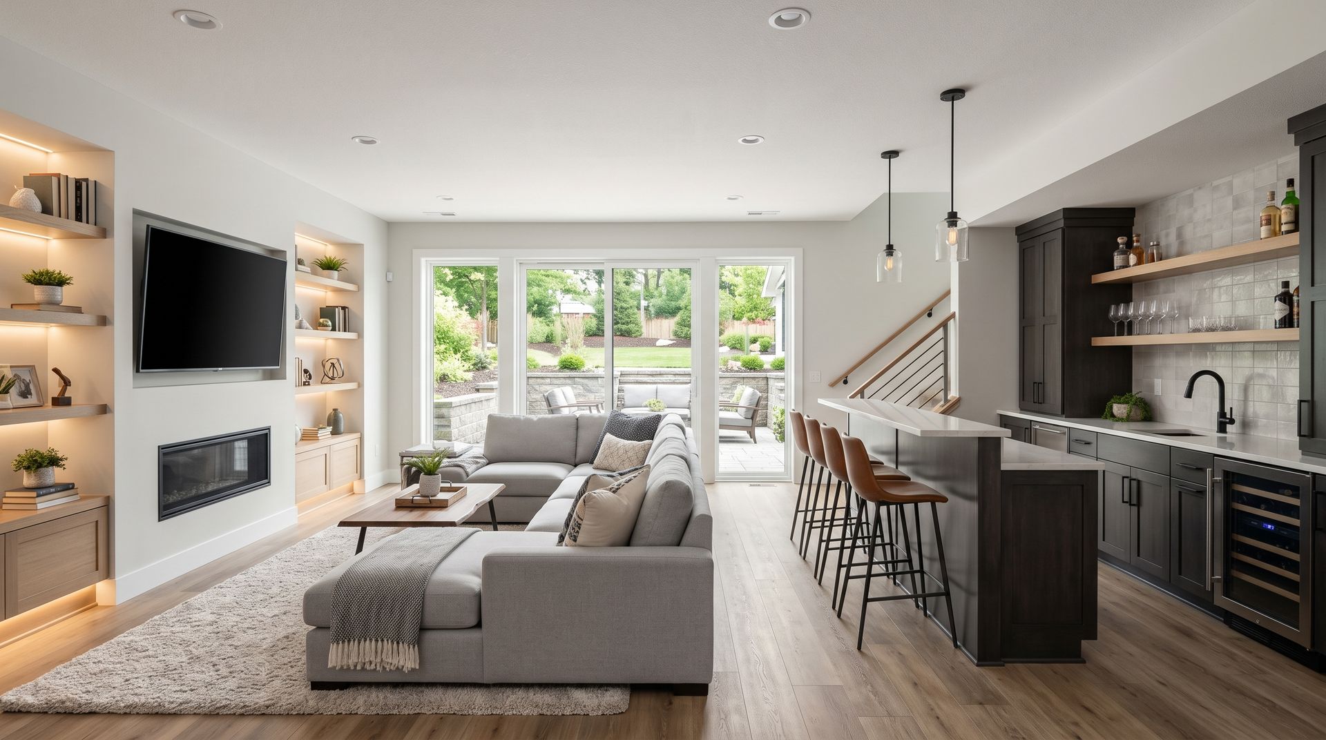 Modern open-plan living room and kitchen with gray sectional, fireplace, large windows, and bar stools