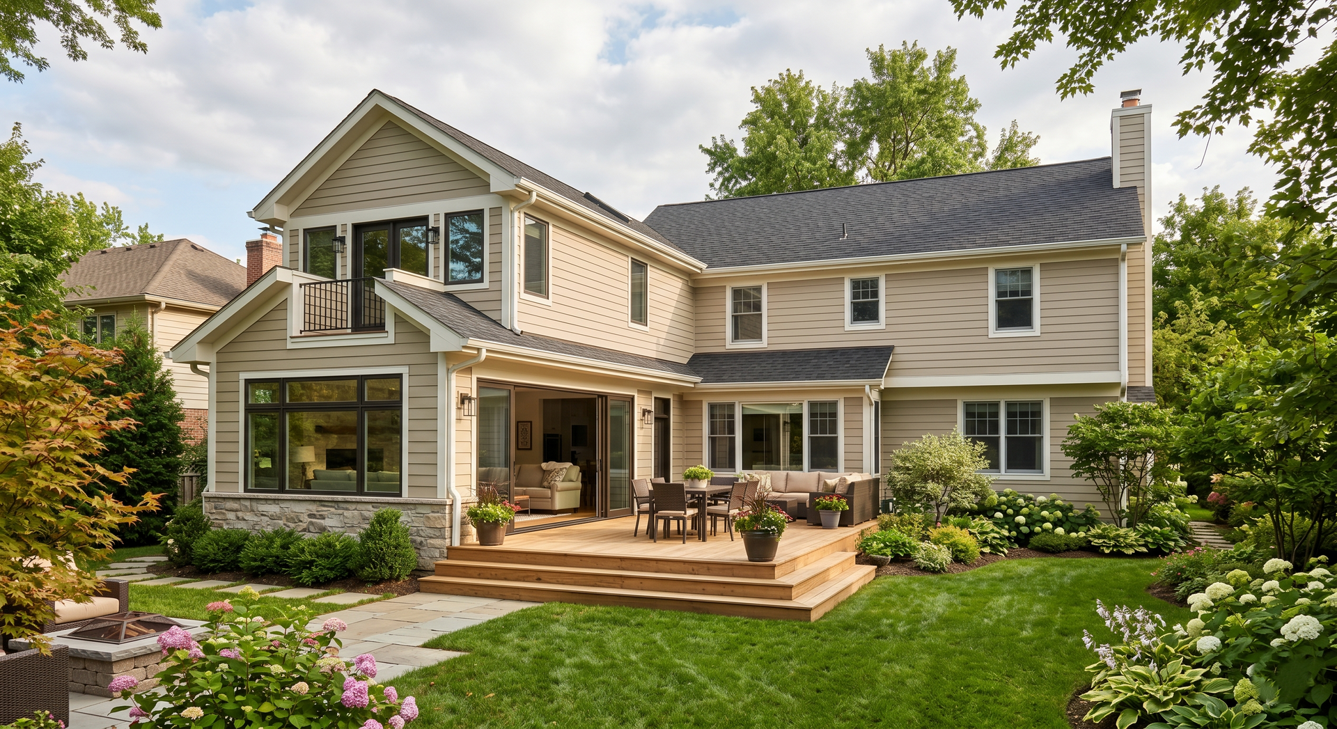 Spacious beige two-story house with a wooden deck, patio furniture, and a landscaped backyard garden