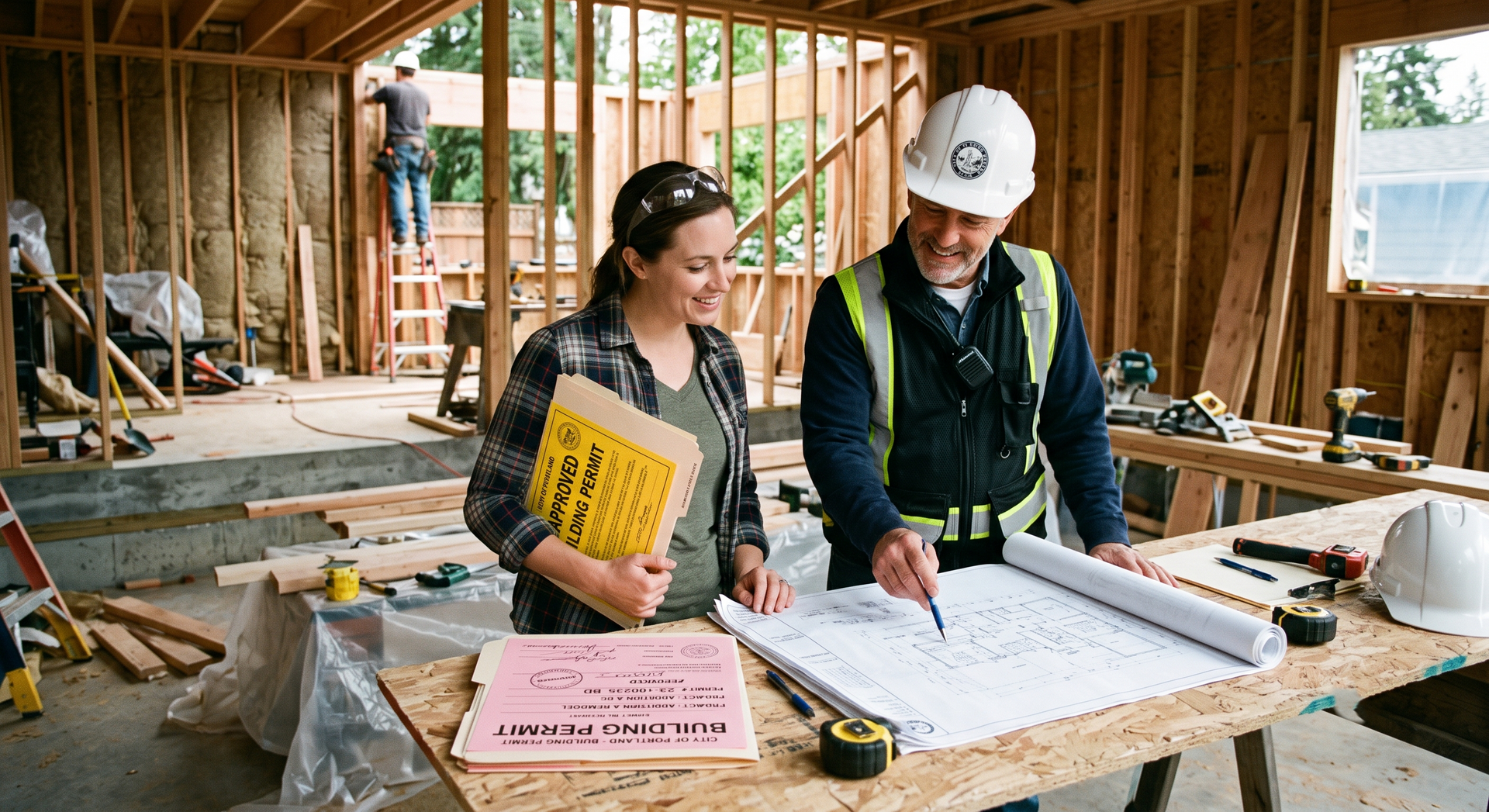 Two workers in hard hats review building plans at a construction site under framing.