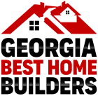 Logo for Georgia Best Home Builders with a red roof illustration above black and red text.