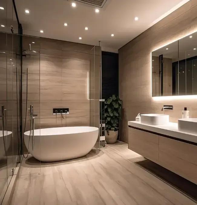 Modern bathroom with a freestanding tub, glass shower, double vanity, and light wood tones.