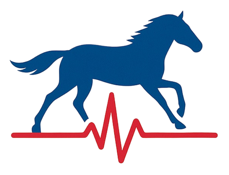 Blue horse silhouette over a red heartbeat line, signifying equine health.