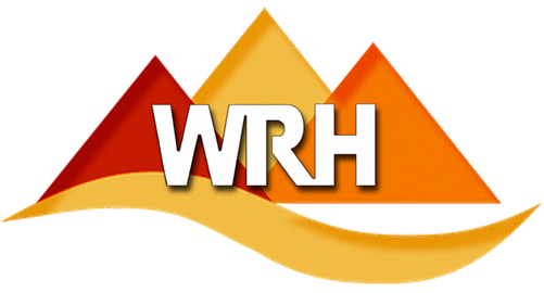 Logo for WRH: three stylized mountains in shades of red and orange, with