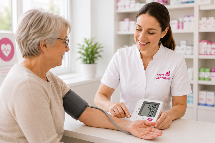 Eine Krankenschwester misst den Blutdruck eines älteren Patienten in einem hellen Arztzimmer.